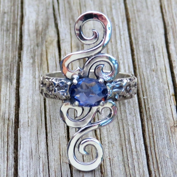 SOLD Rose Cut Natural Iolite Scroll Statement Ring - Picture 7 of 7